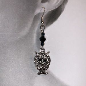 Handcrafted Black Faceted Beads Earrings with Drop Dangling Owl
